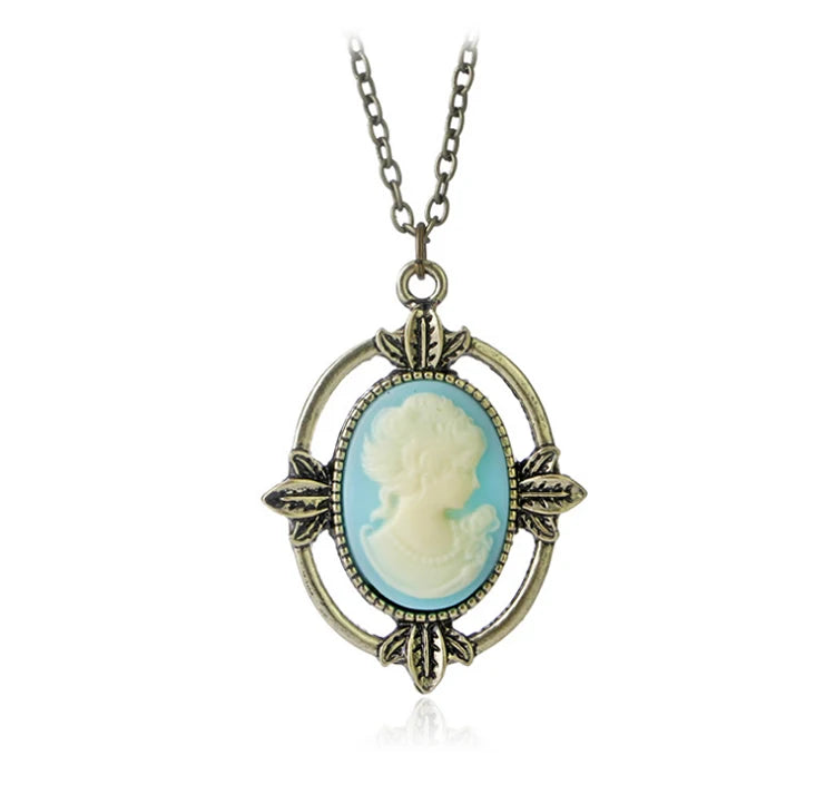 New Vintage Style Bronze Light Blue Cameo Necklace