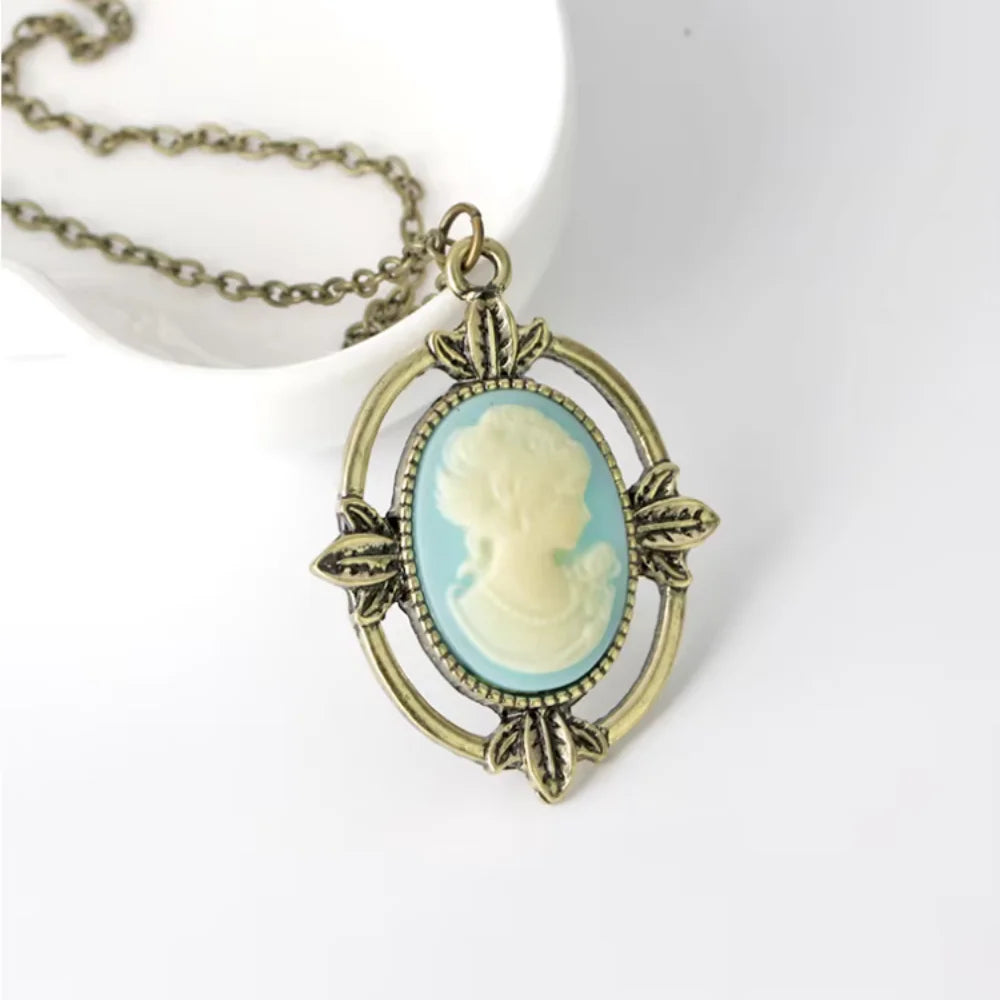 New Vintage Style Bronze Light Blue Cameo Necklace