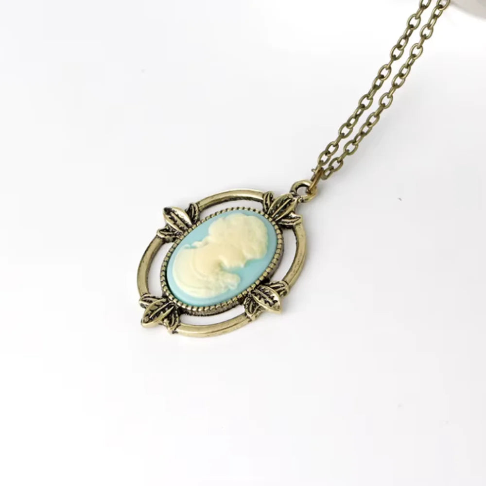 New Vintage Style Bronze Light Blue Cameo Necklace