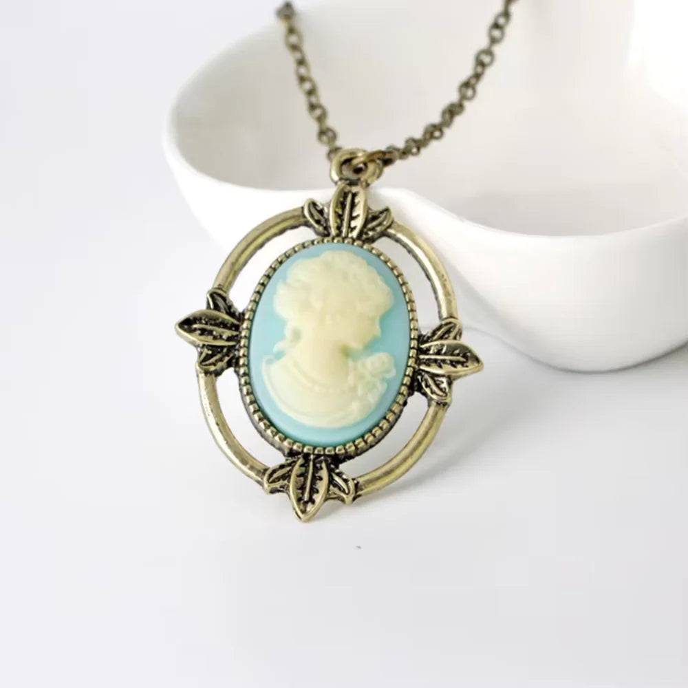 New Vintage Style Bronze Light Blue Cameo Necklace