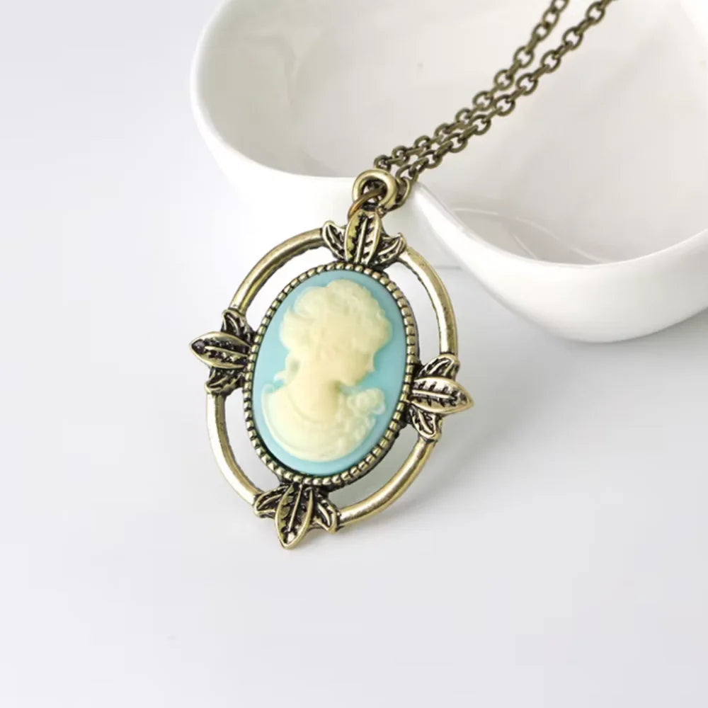 New Vintage Style Bronze Light Blue Cameo Necklace