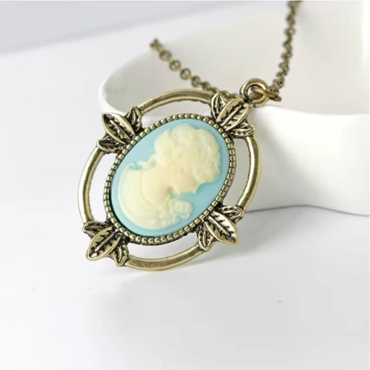 New Vintage Style Bronze Light Blue Cameo Necklace