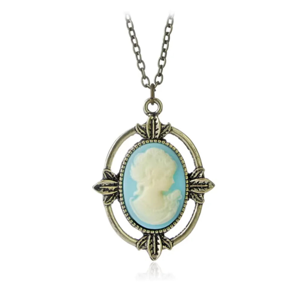 New Vintage Style Bronze Light Blue Cameo Necklace